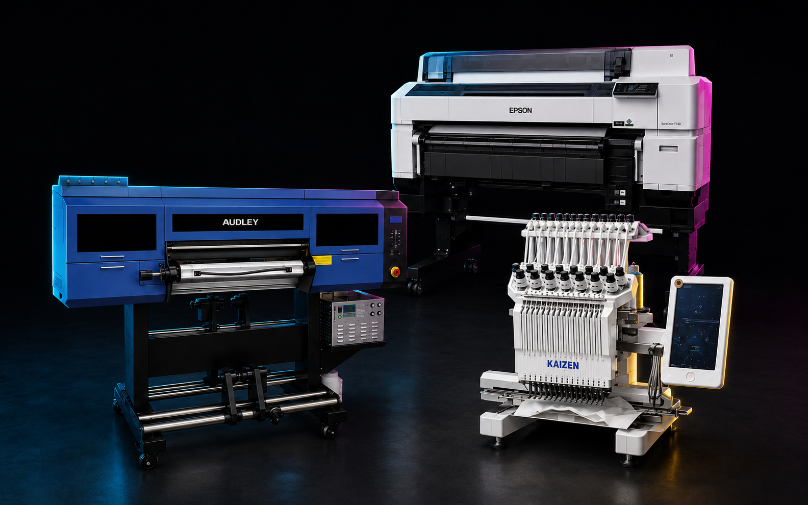Equipos de ALTERNALIZA: impresora Epson DTF textil, impresora Audley DTF UV y bordadora Kaizen