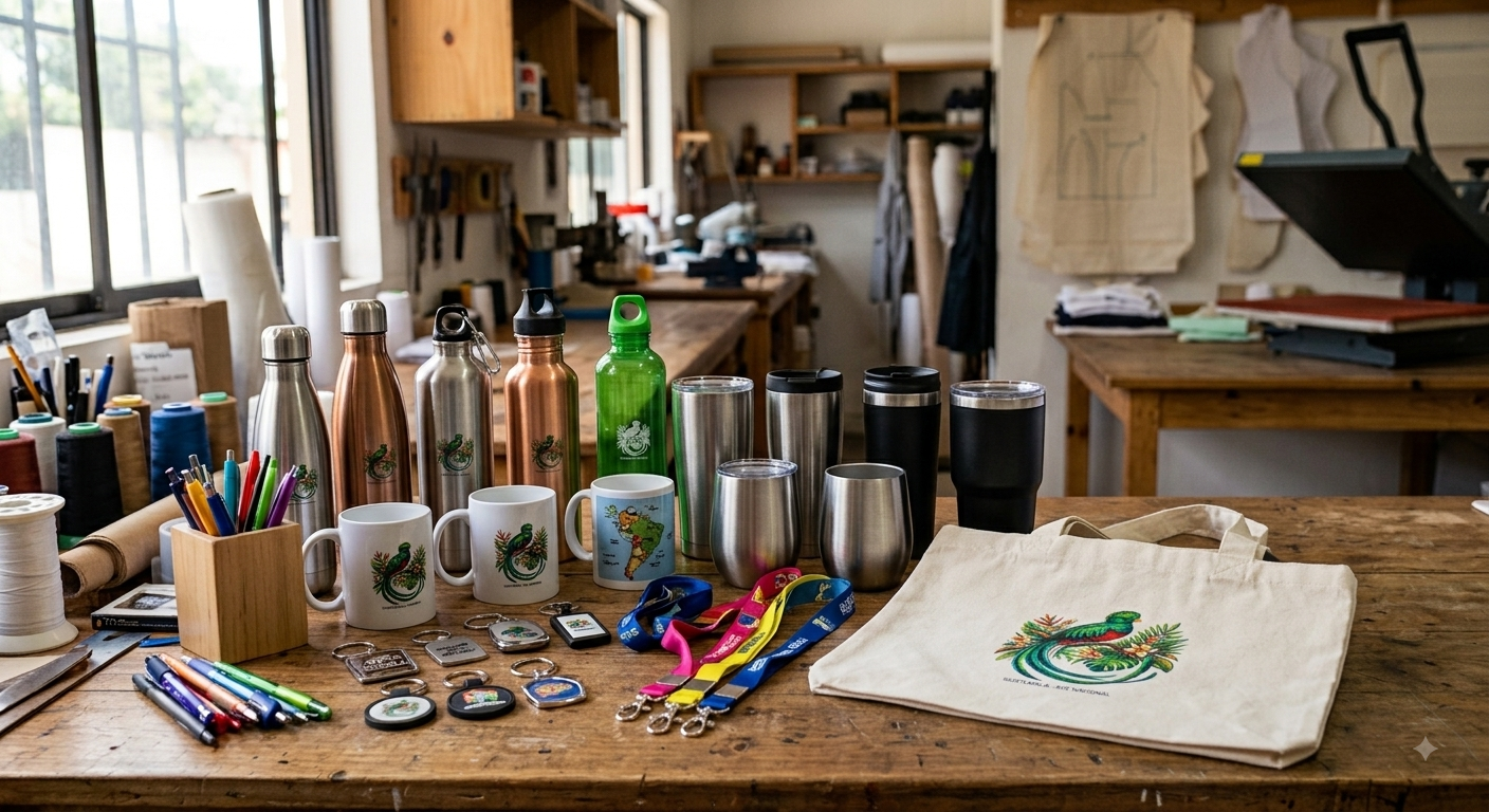 Colección de termos, tazas, llaveros y promocionales personalizados